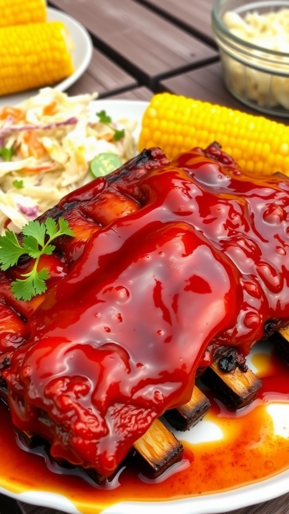 Grilled barbecue ribs on a plate with coleslaw and corn, garnished with parsley.